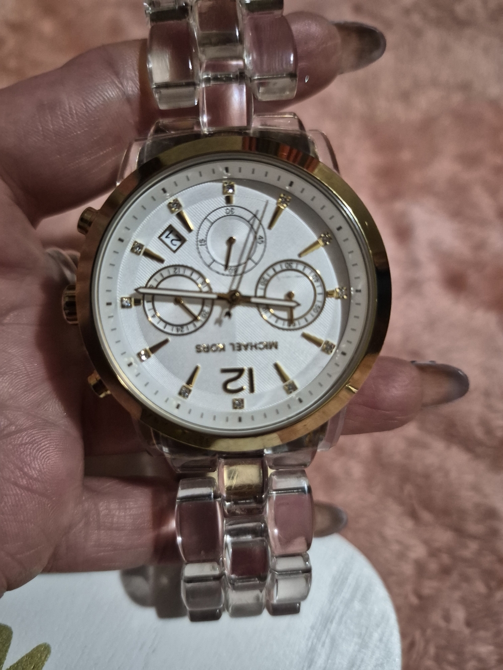 Michael Kors Clear Acrylic and Gold Tone Chronograph Watch - White Dial